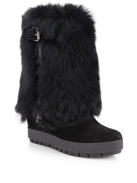 prada suede shearling wedge over the knee boots|Prada Evolve Genuine Shearling Bootie (Women) .